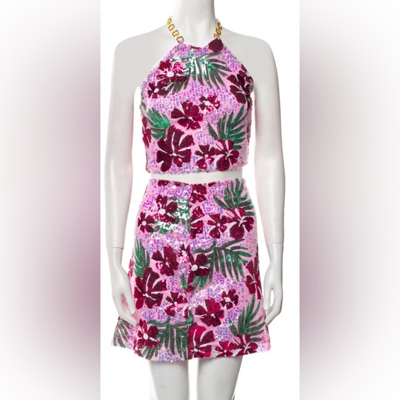 Rachel Zoe Other - RACHEL ZOE Sequin Floral Halter Crop Top Mini Skirt Set Pink Gold Chain- medium